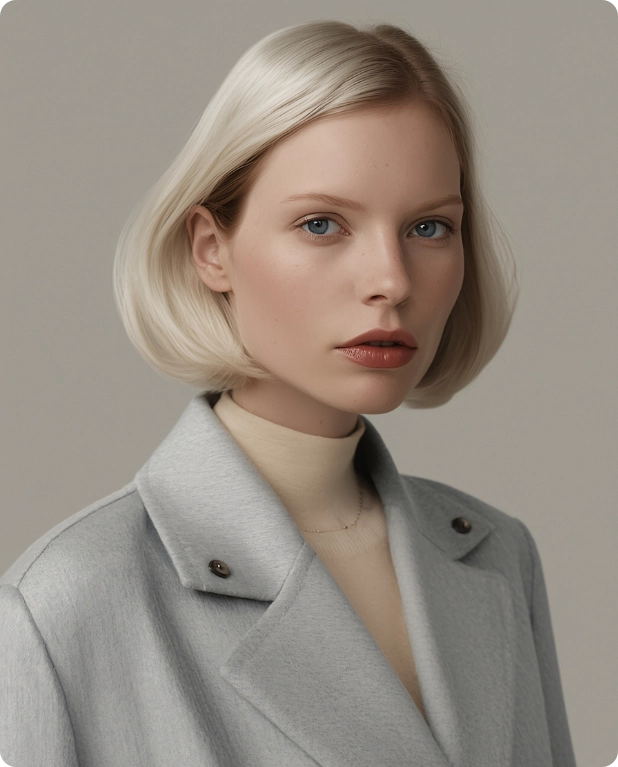 Portrait of a fair-skinned woman with short platinum blonde hair wearing a light gray coat and beige turtleneck.