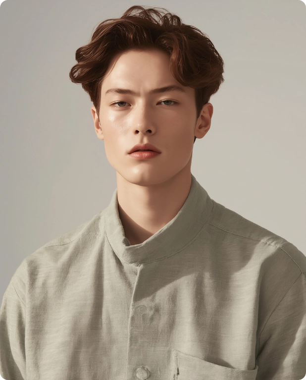 Young man with styled brown hair wearing a light gray button-up shirt against a plain background.