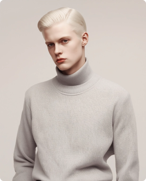 Young man with platinum blonde hair wearing a light gray turtleneck sweater against a neutral background.