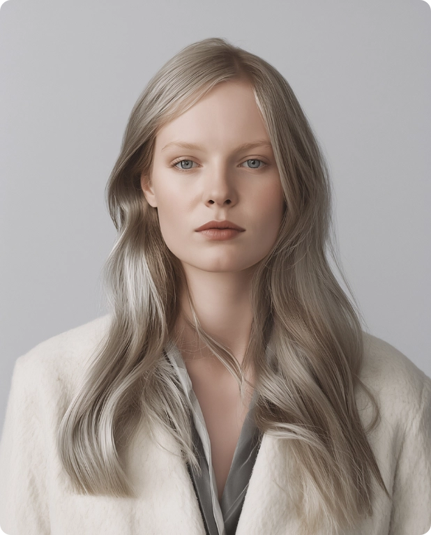 Portrait of a woman with long, wavy blonde hair wearing a white coat against a gray background.
